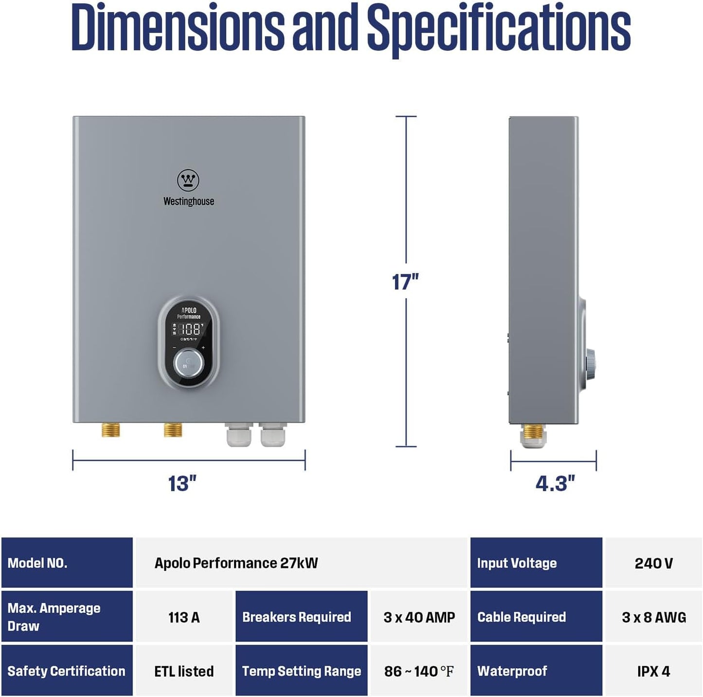 Westinghouse Apolo Tankless Water Heater 27kW with WiFi 6.3 GPM 240V New