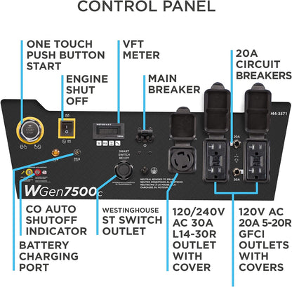 Westinghouse WGen7500c Generator 7500W/9500W 30 Amp Remote Start Gas with CO Sensor New