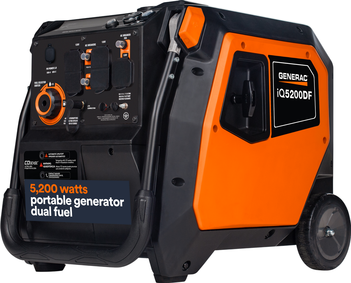 Generac iQ5200 DF 8945 3900W/5200W Generator Dual Fuel Gas Propane Low THD Inverter COSense Electric Start New
