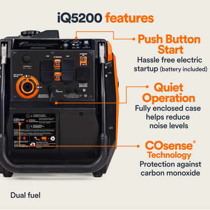 Generac iQ5200 DF 8945 3900W/5200W Generator Dual Fuel Gas Propane Inverter COSense Electric Start RFB