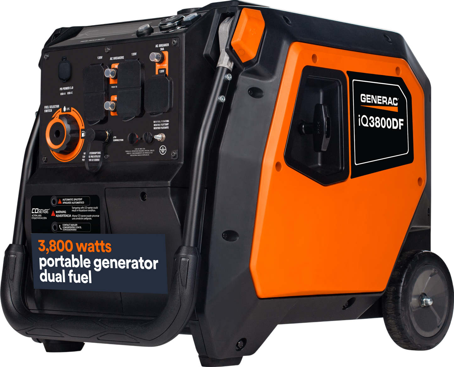 Generac iQ3800 DF 8944 3000W/3800W Generator Dual Fuel Gas Propane Low THD Inverter COSense Electric Start New