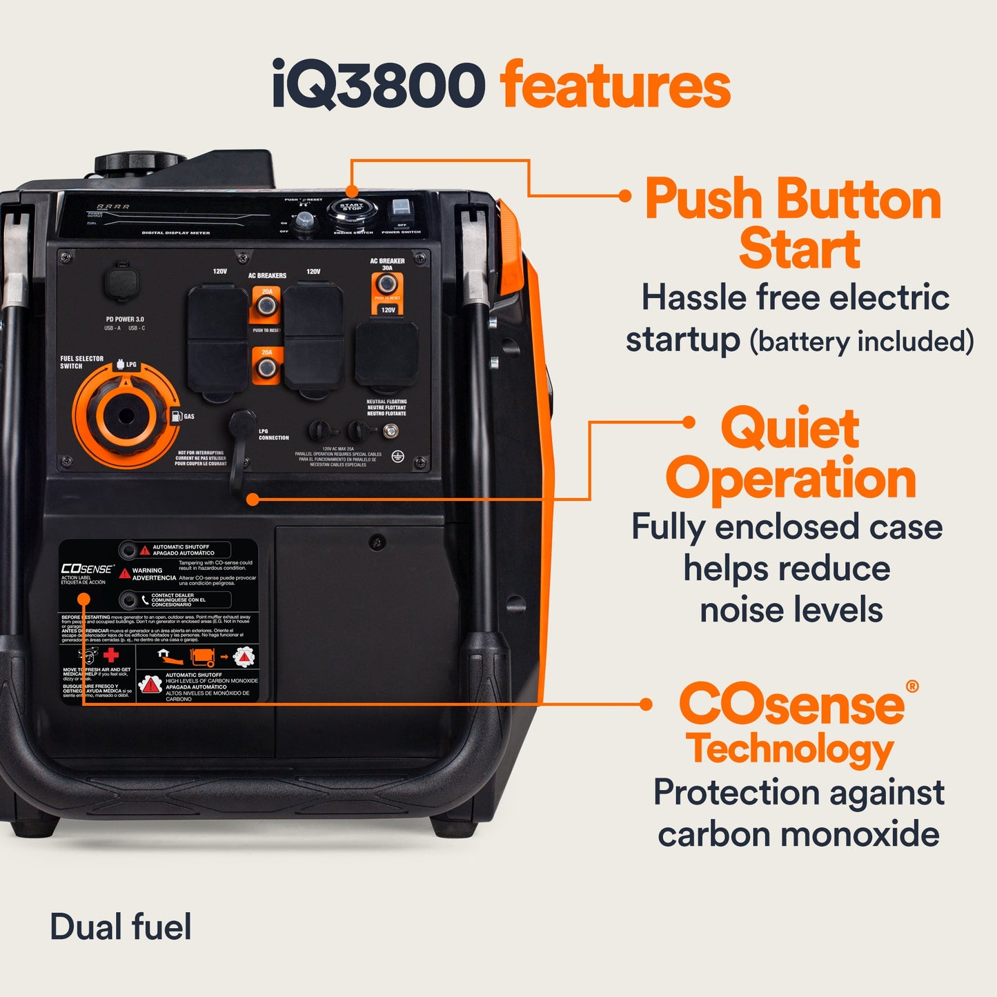 Generac iQ3800 DF 8946 3000W/3800W Generator Dual Fuel Gas Propane Inverter CO Sense Electric Start CARB RFB