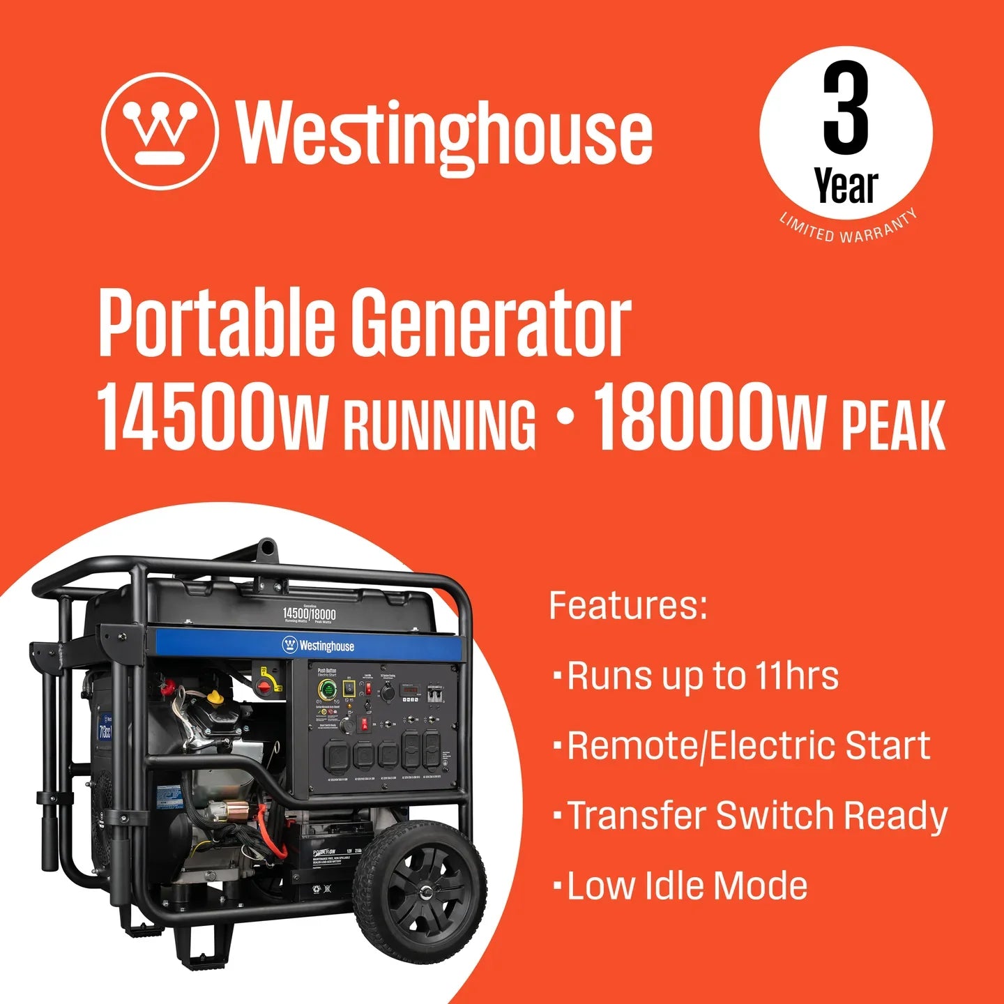 Westinghouse WGen14500c 14500W/18000W Generator 50 Amp CO Sensor Gas Remote Start New