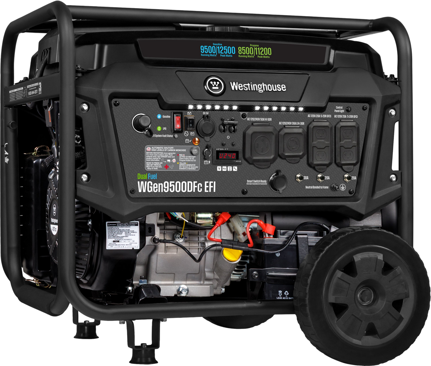 Westinghouse WGen9500DFc EFI Generator 9500/12500W Dual Fuel Gas Propane 50A Remote Start CO Sensor CARB New