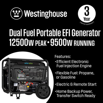 Westinghouse WGen9500DFc EFI Generator 9500/12500W Dual Fuel Gas Propane 50A Remote Start CO Sensor CARB New