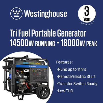 Westinghouse WGen14500TFc 14500W/18000W Generator Tri-Fuel Gasoline Liquid Propane Natural Gas CO Sensor Remote Start New