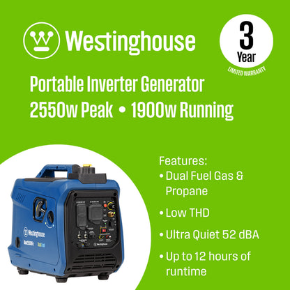 Westinghouse iGen2550DFc Inverter Generator 1900/2550W Dual Fuel Gas Propane 30A Low THD CO Sensor New