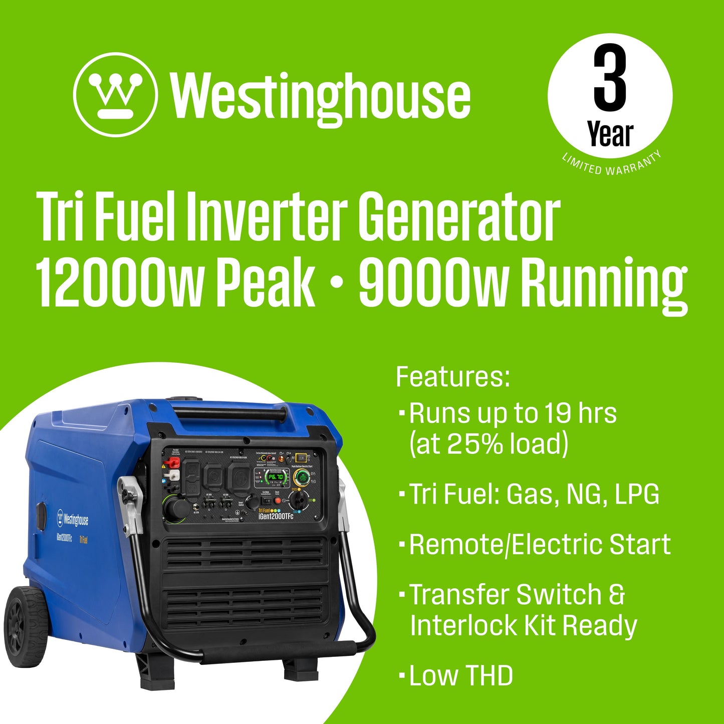 Westinghouse iGen12000TFc Inverter Generator 9000/12000W Tri Fuel Gas Propane Natural Gas 50A Low THD Remote Start CO Sensor New