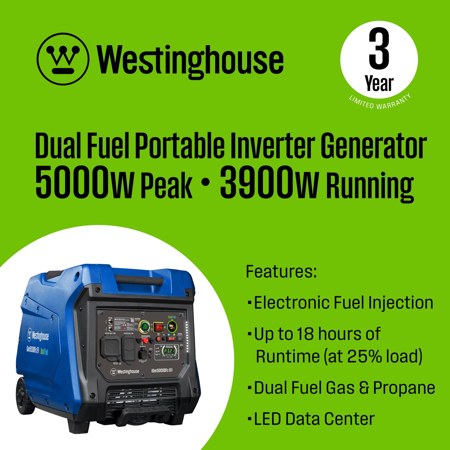 Westinghouse iGen500DFc EFI Inverter Generator 3900/5000W Dual Fuel Gas Propane 30A Low THD Remote Start CO Sensor New